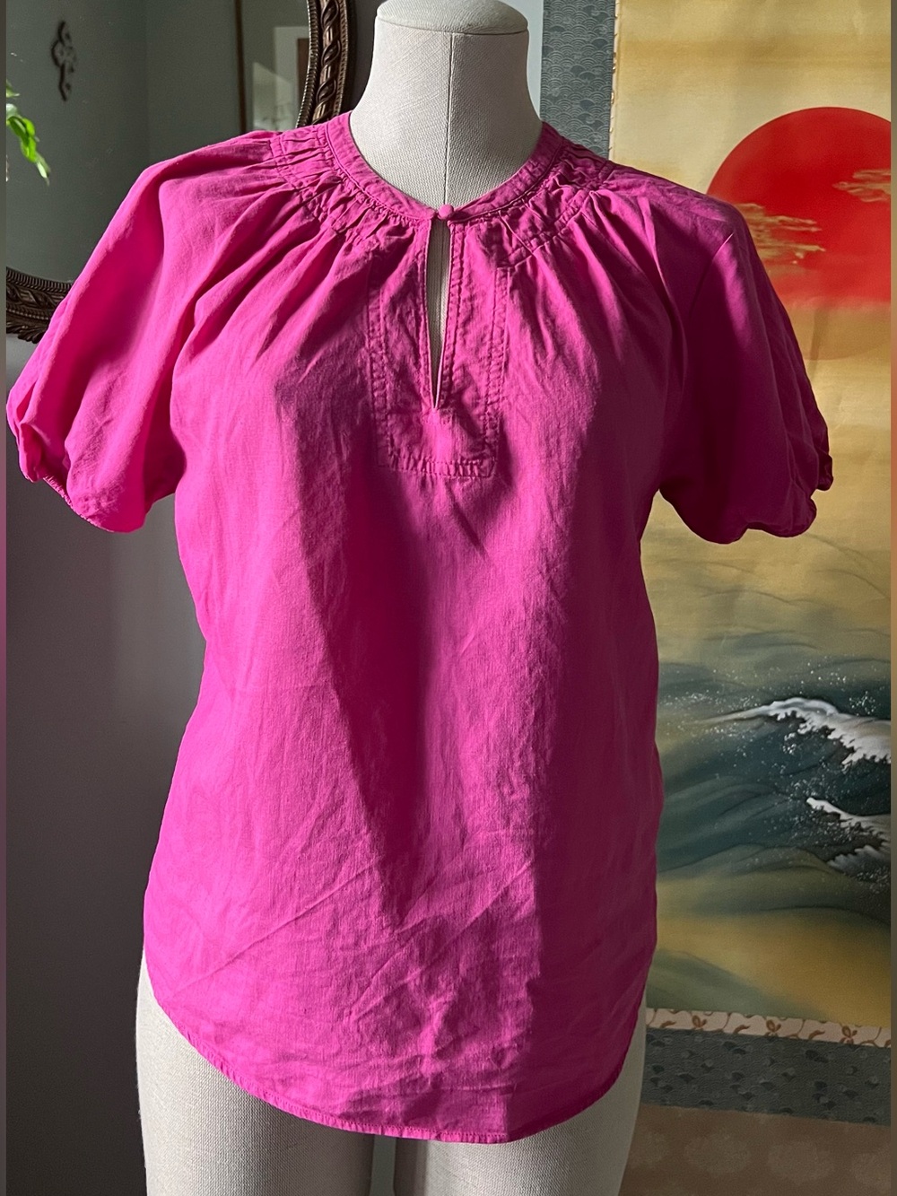 RW&CO. Linen Hot Pink Short-Sleeve Peasant Top